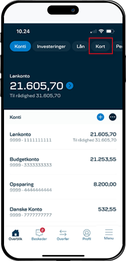 Skærmbillede mobilbank: Overblik kort