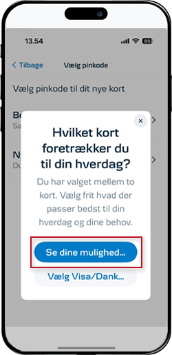 Skærmbillede mobilbank: Erstat kort - se dine muligheder