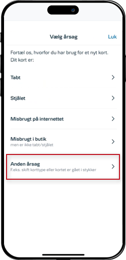 Skærmbillede mobilbank: skift kort med valg: Anden årsag
