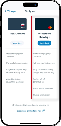 Skærmbillede mobilbank: Skift til Mastercard Hverdag-