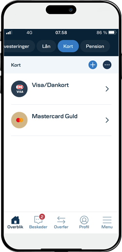 Skærmbillede fra mobilbanken: Tryk på ”Kort” i øverste menu. Vælg derefter det kort på listen, du vil spærre.