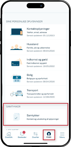 Skærmbillede mobilbank: Tryk på 'Profil' og vælg 'Samtykker'. 