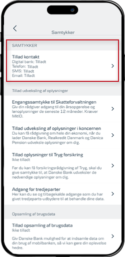  Skærmbillede mobilbank:  se dine valg til hvordan vi må kontakte dig