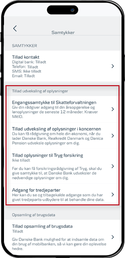 Skærmbillede mobilbank: Vælg det område, hvor du vil tillade udveksling af oplysninger.