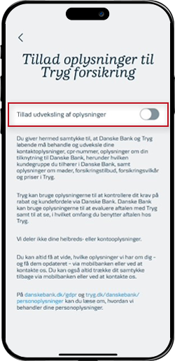 Skærmbillede mobilbank: Giv Samtykke - Tryg forsikring som eksempel