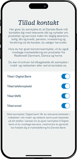  Skærmbillede mobilbank: Oversigt med dine valg til kontakt